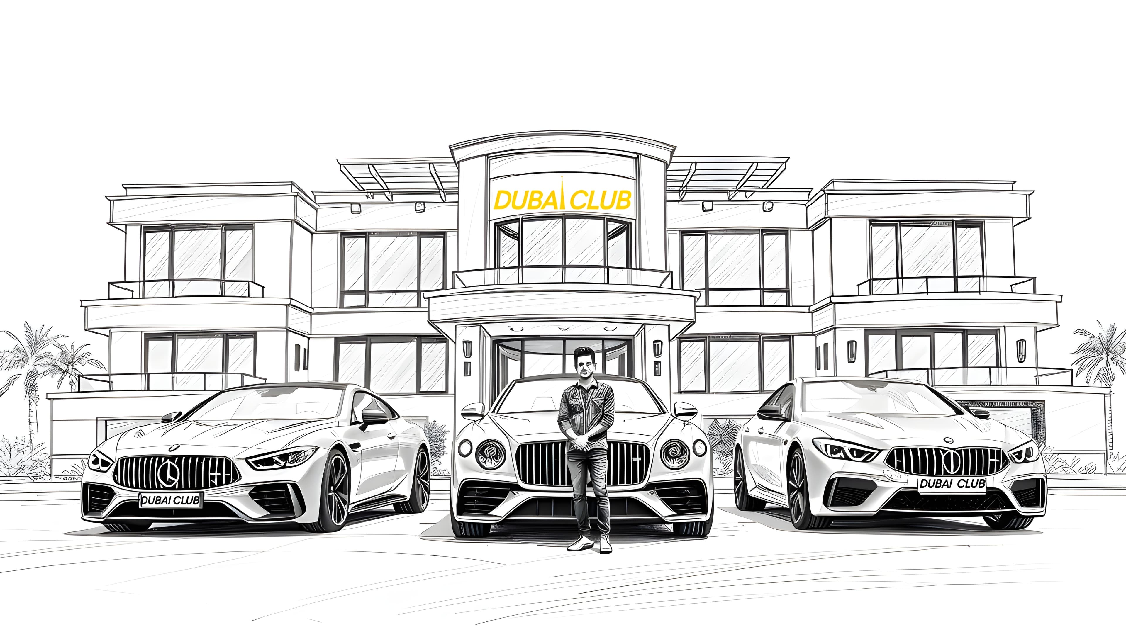 Dubai Club illustration with luxury cars and building